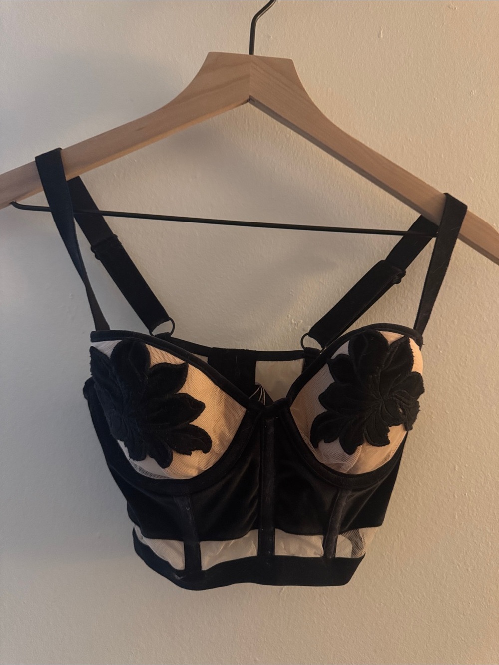 Victoria Secret Black Velvet Floral Appliqué Bustier Top - Women Intimates